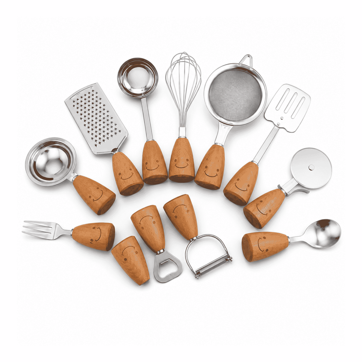 12-piece stainless steel kitchen utensil set with beech wood handles, including whisk, grater, spatula, spoon and peeler