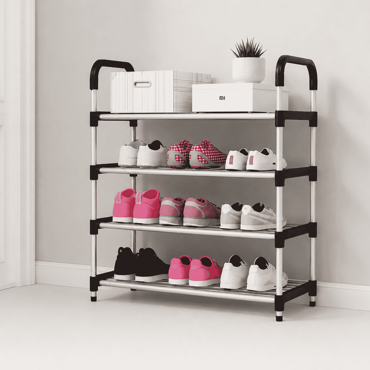4 Layers black metal shoe rack with multiple pairs of shoes for indoor storage and organization.